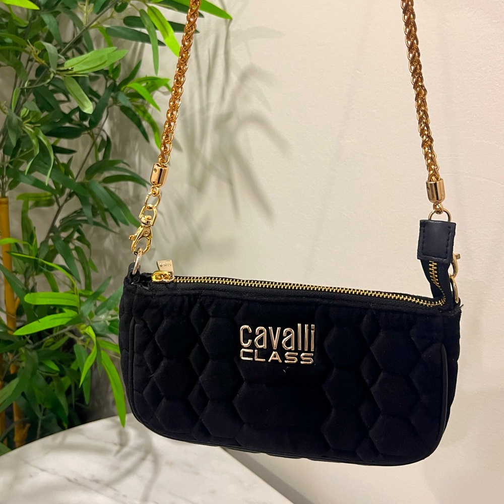 Cavalli Class small black suede purse with gold chain. Good condition.